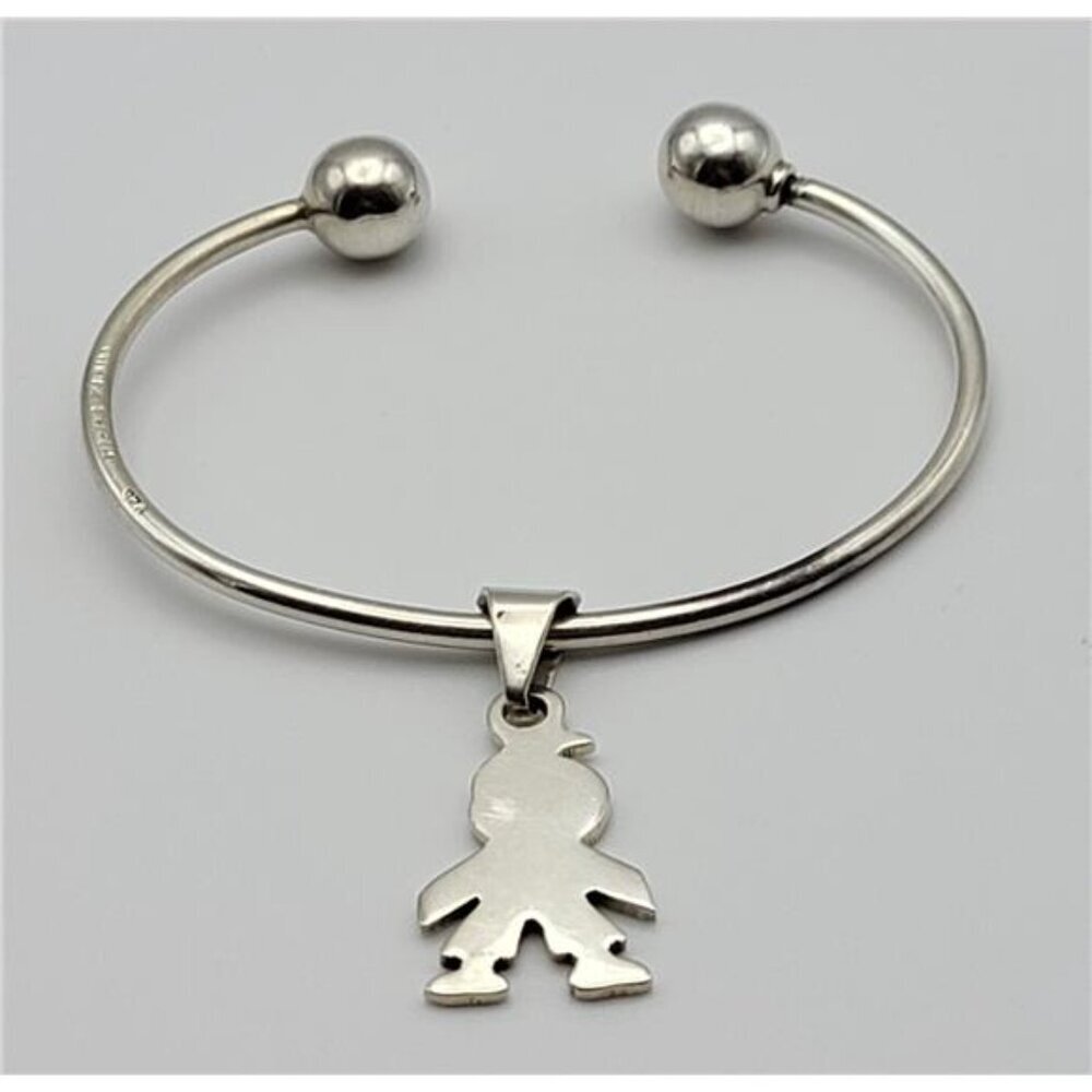 Vtg. Mexico Signed 925 Silver Figural Boy Dangle Charm Open Cuff Bracelet 7 In